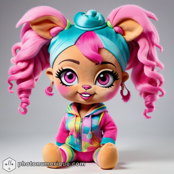 a hyperrealistic image of a plush caricature of Doja Cat