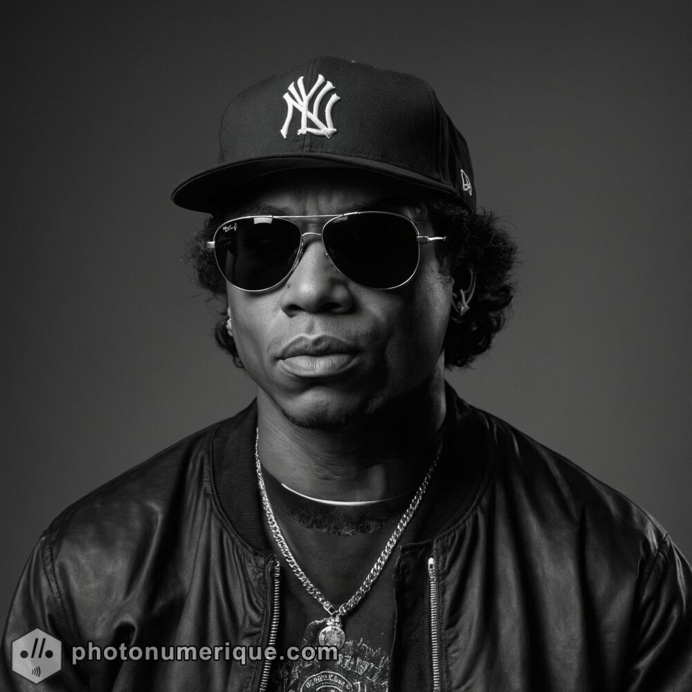 A hyperrealistic black-and-white portrait of Eazy-E in the classic Studio Harcourt style.