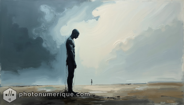 An abstract portrayal of loneliness, with a solitary figure standing against a vast, empty landscape.