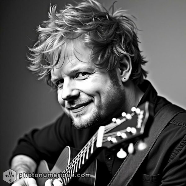 detailed black-and-white portrait of Ed Sheeran in the classic Studio Harcourt style.