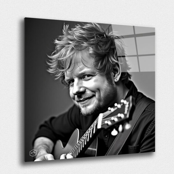 A detailed black-and-white caricatural portrait of Ed Sheeran in the classic Studio Harcourt style