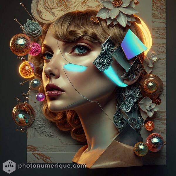 A digital sculpture of Taylor Swift, blending Renaissance floral elements with glowing, futuristic accents.