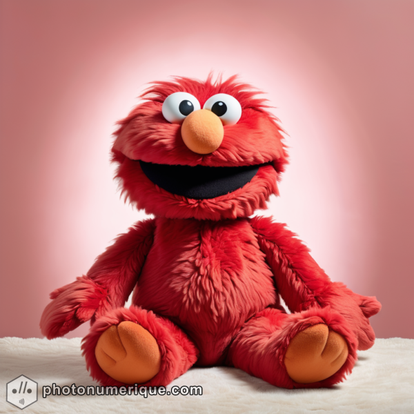 A hyperrealistic portrait of a plush Elmo in a soft, pastel red monochromatic color scheme.