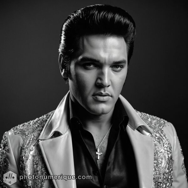 A dynamic black-and-white portrait of Elvis Presley, capturing his confident and charismatic presence.