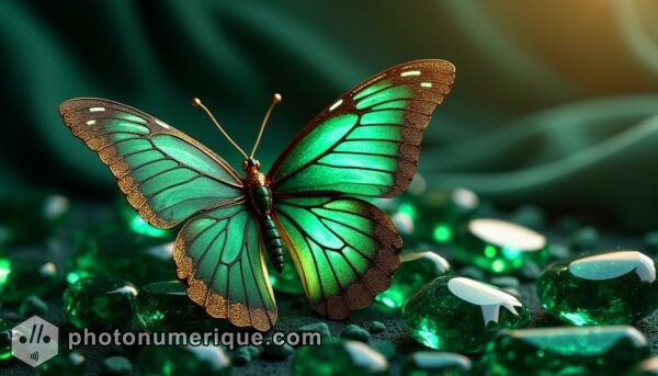 A hyperrealistic image of a stunning emerald green butterfly with intricate wing patterns, perched on a bed of gleaming emerald gemstones.