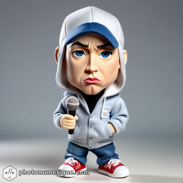 A hyperrealistic image of a plush caricature of Eminem.