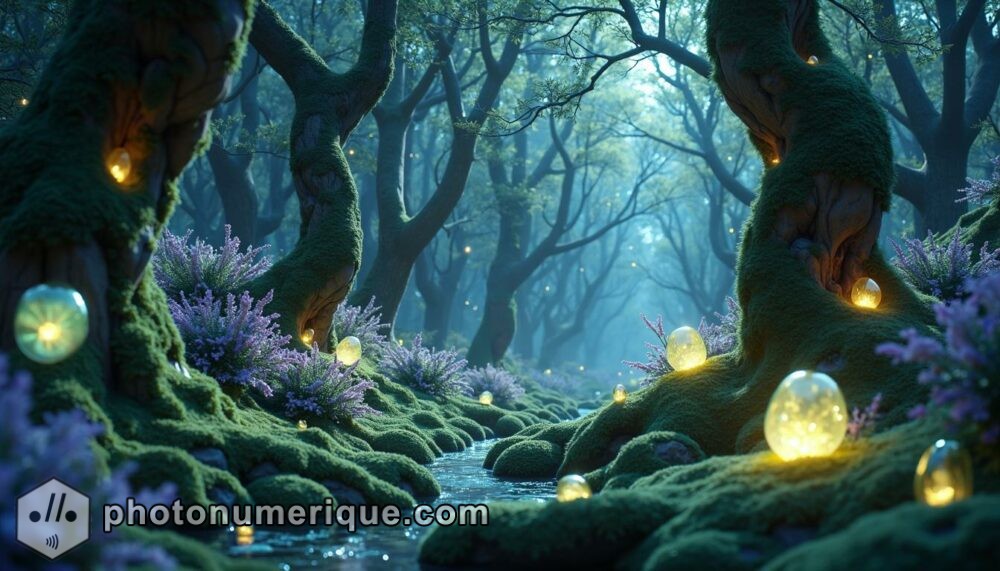 A hyperrealistic, mystical forest where the trees are made of shimmering glass and the leaves glow with bioluminescence.