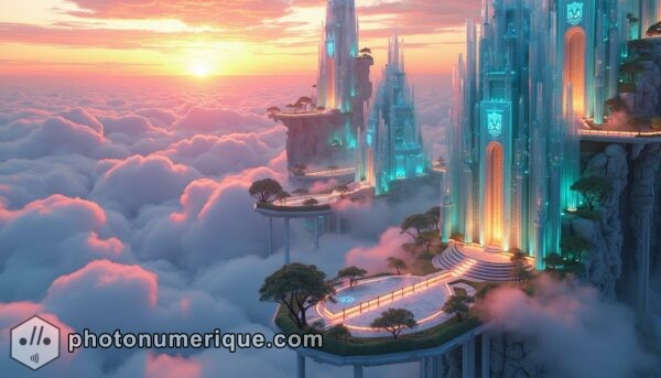 a hyperrealistic, futuristic cityscape floating above the clouds.