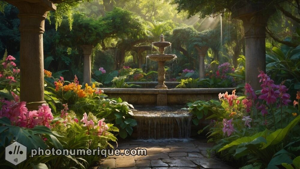 A lush, hyperrealistic painting of an enchanted garden filled with vibrant flowers, cascading vines, and ancient trees.