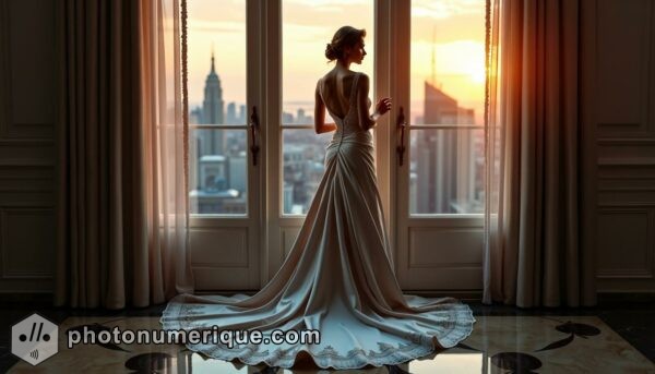 a hyperrealistic portrait of a woman in an evening gown, standing by a grand window as the sun sets.