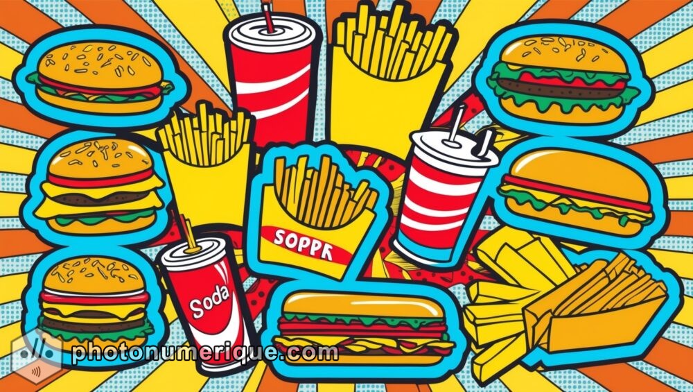 A playful Pop Art illustration of fast food items like burgers, fries, and soda.