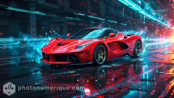 A striking image of the Ferrari LaFerrari speeding through a futuristic racetrack with holographic displays and advanced tech features surrounding it.