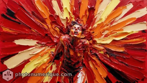 A vibrant explosion of reds, oranges, and yellows, representing the intense emotions of love and desire.