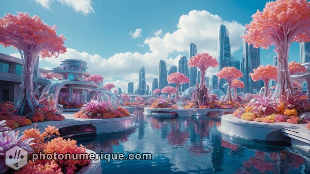 A futuristic city with large floating platforms covered in lush, vibrant gardens.