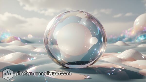 An abstract composition featuring floating orbs with varying levels of transparency and subtle glitter effects.