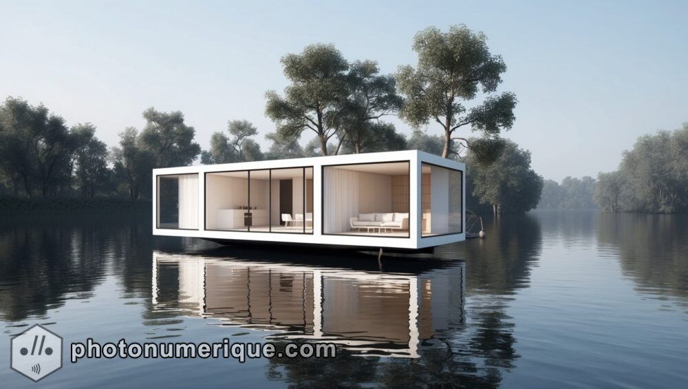 A realistic image of a minimalist floating house anchored on a calm, mirror-like lake.