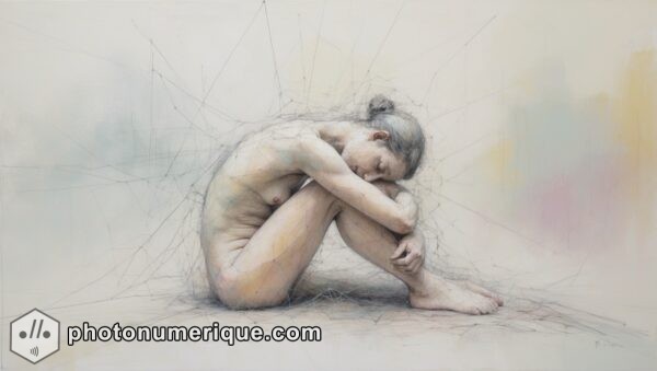 A delicate exploration of vulnerability, with soft, almost translucent colors and fragile, thin brushstrokes.