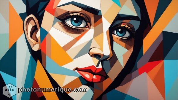 A cubist portrait that deconstructs the human face into geometric shapes and contrasting colors.