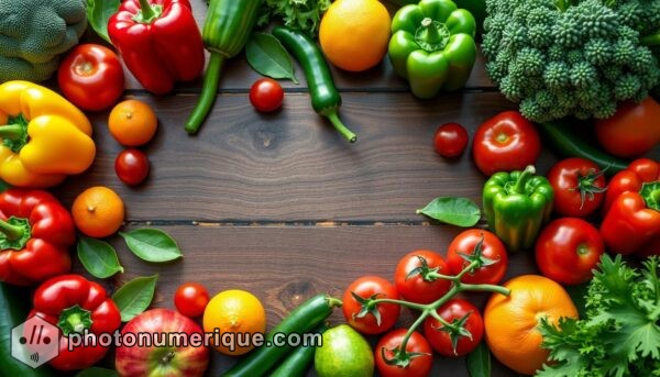 a vibrant, realistic image of a bountiful spread of fresh fruits and vegetables on a rustic wooden table.