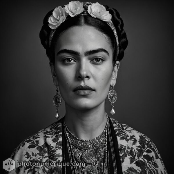 a hyperrealistic black-and-white portrait of Frida Kahlo in the distinctive Studio Harcourt style.