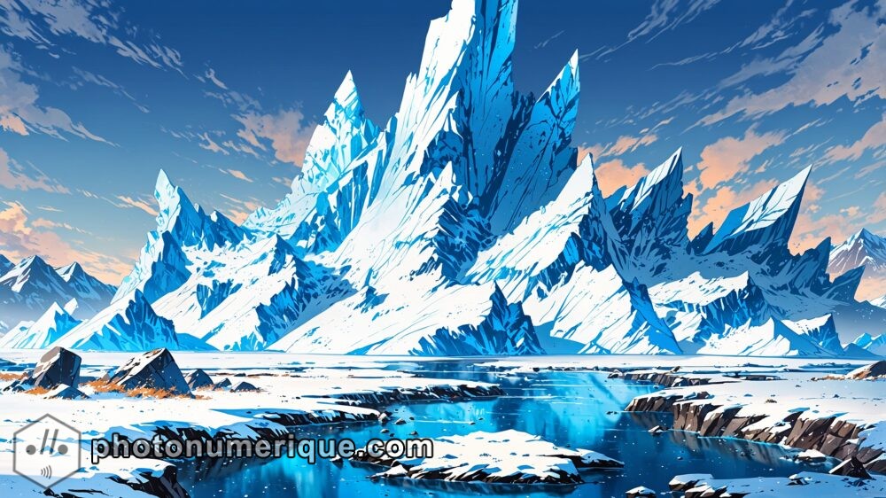 An icy landscape dominated by towering glaciers and frozen relics of a bygone era.