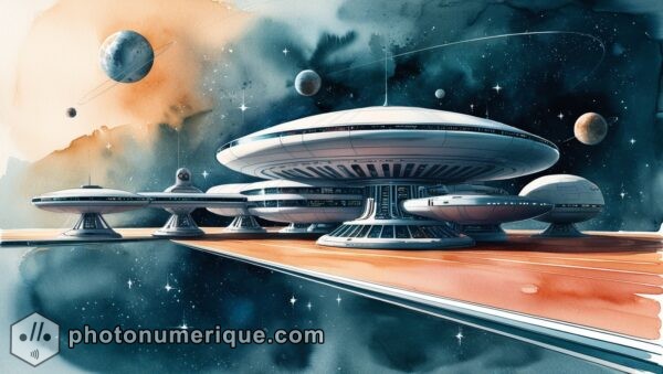 A depiction of a space station as imagined in the retro-futuristic style, serving as humanity’s gateway to the stars.