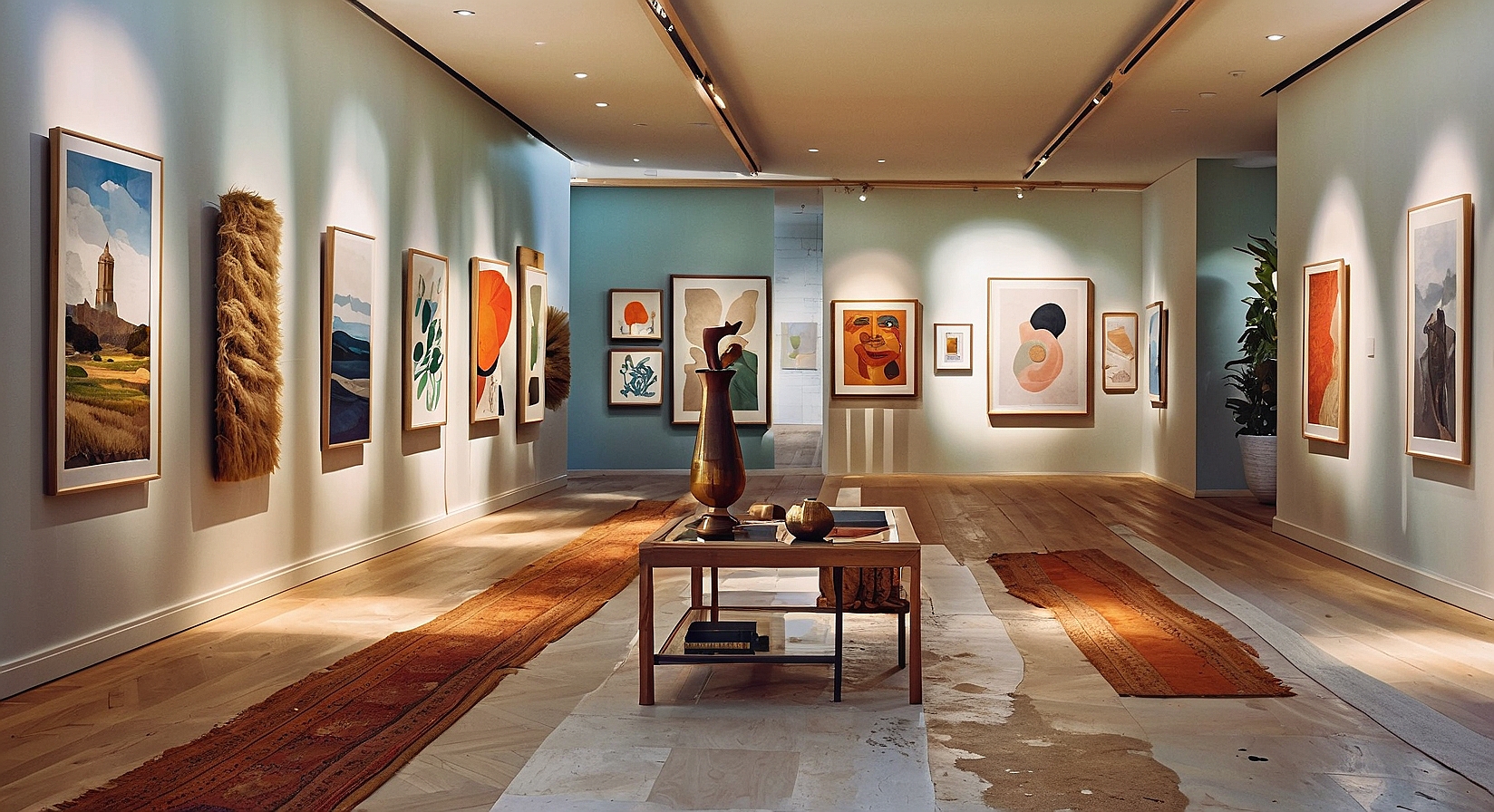 an image of a sophisticated art gallery with clean, white walls and polished wooden floors