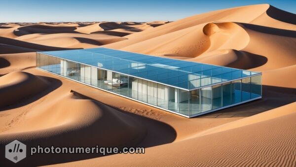 A striking illustration of a modern glass house situated in a vast desert landscape.