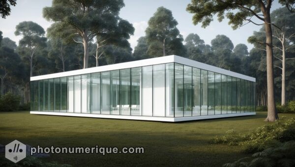 a contemporary glass pavilion with clean, minimalist lines nestled in a dense forest clearing.