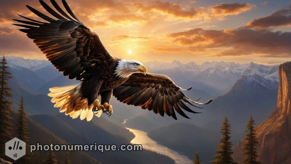 A dramatic scene of a bald eagle in mid-flight, soaring over a vast valley with towering cliffs in the background.