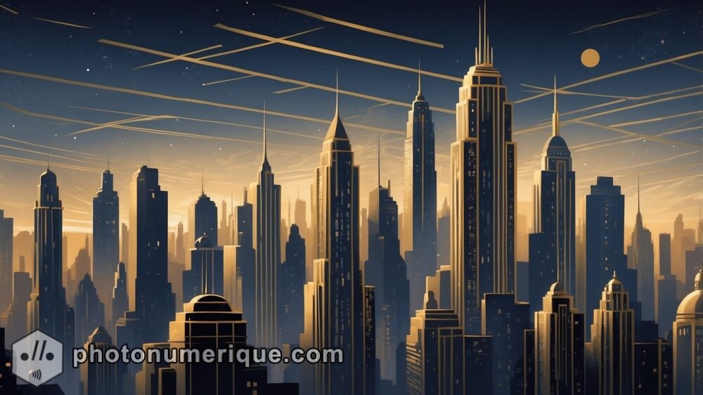 A luxurious Art Deco cityscape at dusk, with towering skyscrapers adorned with geometric patterns and gold accents.