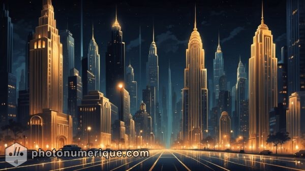 A stunning nighttime cityscape with a strong Art Deco influence.