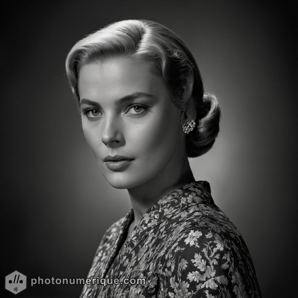 a hyperrealistic black-and-white portrait of Grace Kelly in the elegant Studio Harcourt style.