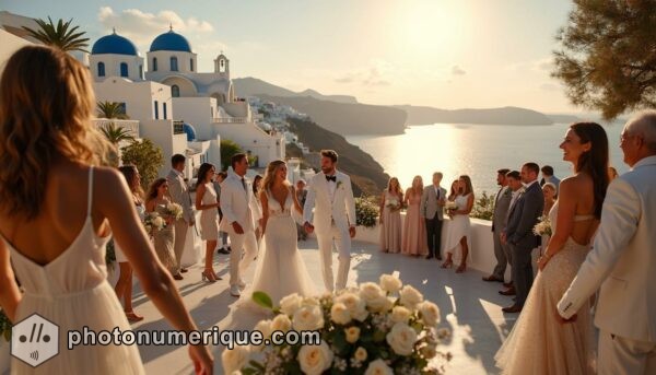 A hyperrealistic, elegant Greek wedding scene set on a cliffside in Santorini, overlooking the sparkling Aegean Sea.