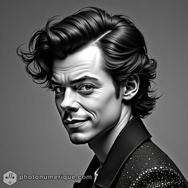 a hyperrealistic black-and-white portrait of Harry Styles in the classic Studio Harcourt style.