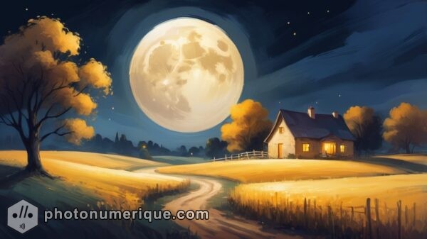 A rural landscape bathed in the soft light of a full moon.