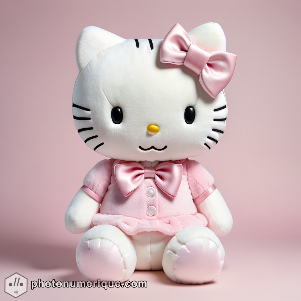 A hyperrealistic portrait of a plush Hello Kitty in a gentle, pastel pink monochromatic color scheme.