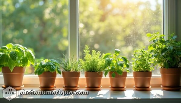 a fresh, modern image of a kitchen windowsill lined with small pots of fresh herbs, including basil, rosemary, thyme, and mint.