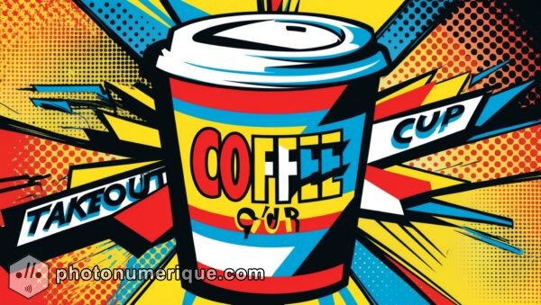 A vibrant Pop Art illustration of a classic takeout coffee cup, featuring bold, flat colors and graphic lines.