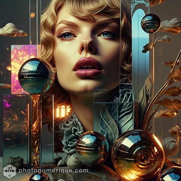 A visionary digital artwork of Taylor Swift, featuring a halo of classical and digital symbols.