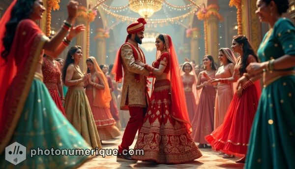 a hyperrealistic, vibrant Indian wedding scene with dynamic movement, where guests are dancing joyously in a grand, opulent setting.