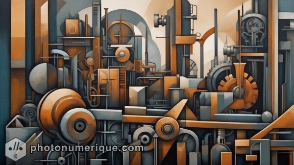 A cubist interpretation of industrial elements, blending machinery and architecture into a cohesive geometric composition.