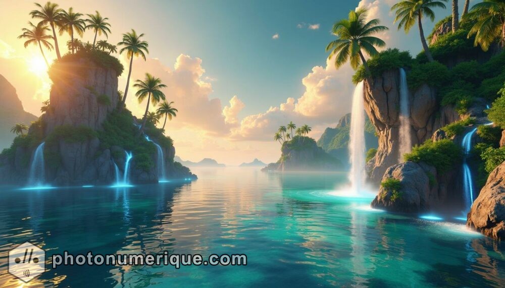 A hyperrealistic, surreal seascape where an endless ocean meets a sky filled with floating islands and waterfalls that cascade into the water below.