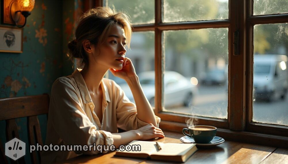 a hyperrealistic photograph of a woman sitting alone in a quiet café, deep in thought.