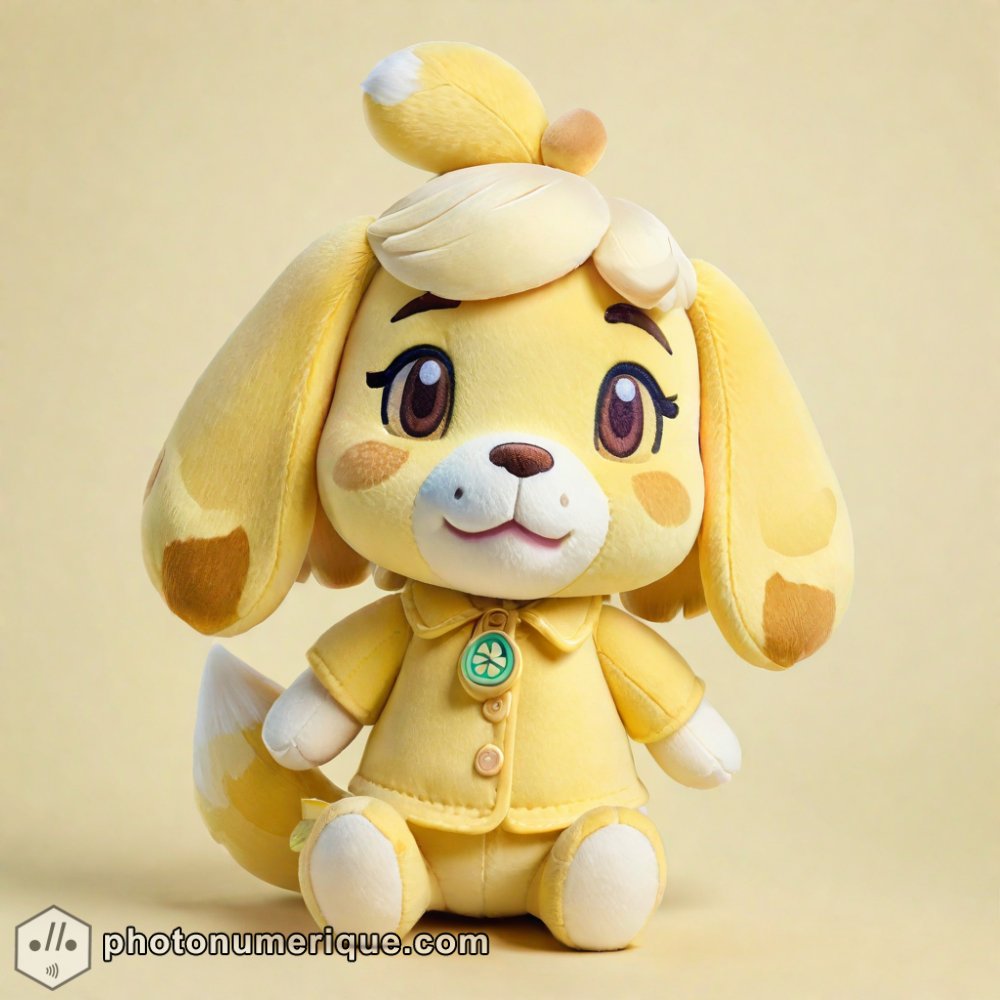 a hyperrealistic portrait of a plush Isabelle from Animal Crossing in a gentle, pastel yellow monochromatic color scheme