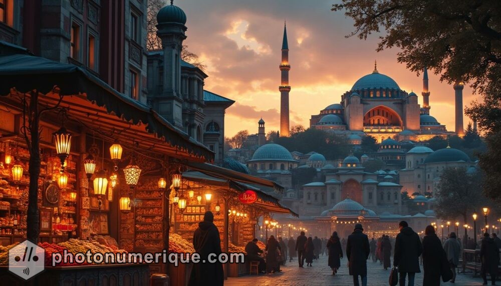 a captivating hyperrealistic image of Istanbul at dusk, with the Hagia Sophia illuminated against the evening sky. In the foreground, capture a vibrant bazaar with intricate lanterns and bustling stalls.