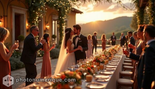 a hyperrealistic, luxurious Italian wedding scene set in a grand villa overlooking the Tuscan countryside.