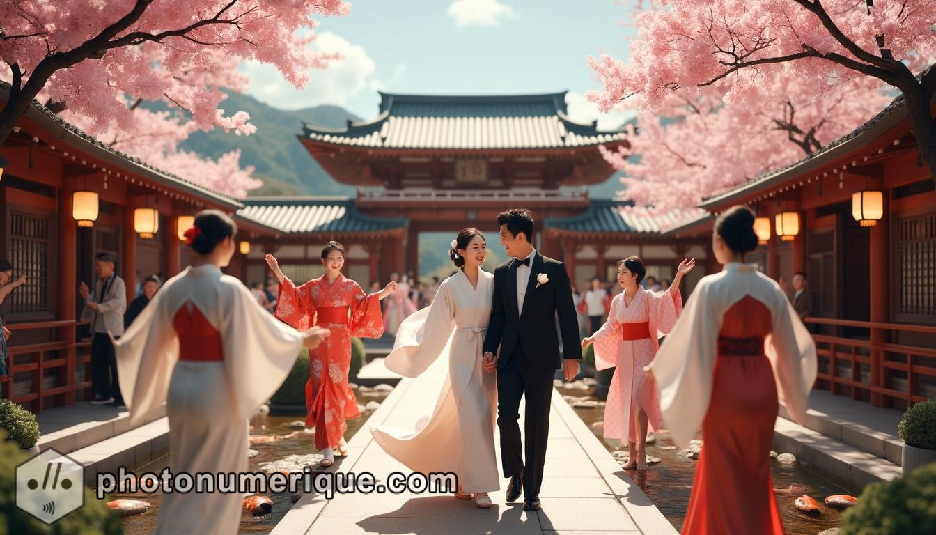 A hyperrealistic, elegant Japanese wedding scene at a traditional Shinto shrine. The bride is in a white silk kimono, while the groom wears a black montsuki.