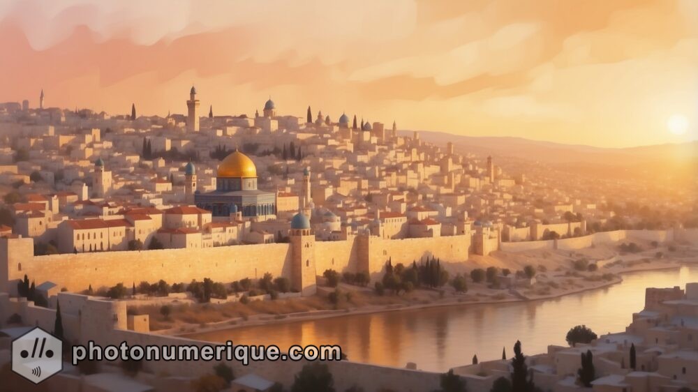 A dreamlike depiction of Jerusalem’s Old City at sunset, blending historical landmarks with soft, warm tones to evoke a deep connection to the holy city.