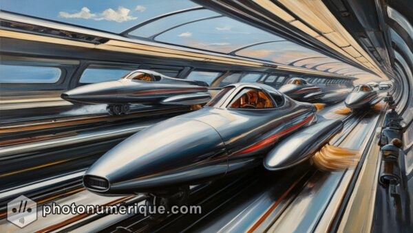 A depiction of a futuristic transportation system inspired by the jet age, capturing the speed and excitement of travel.